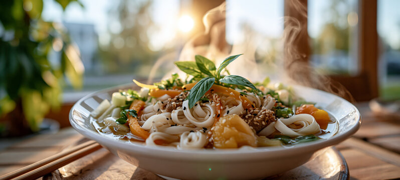 Wide noodles with basil vegetables and sesame in broth