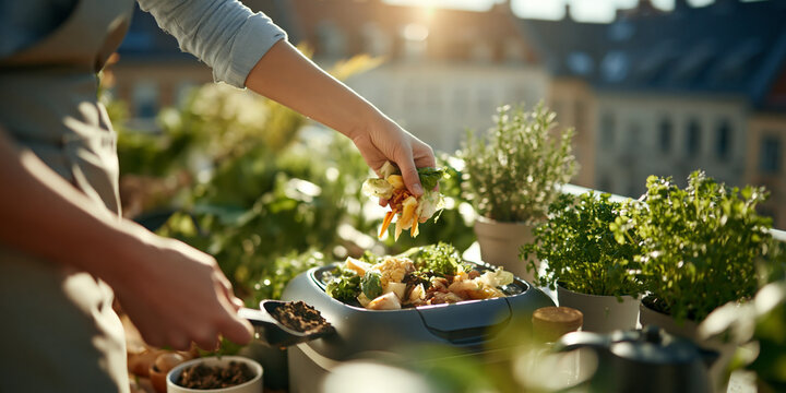 Hands adding vegetable scraps to a balcony compost bin