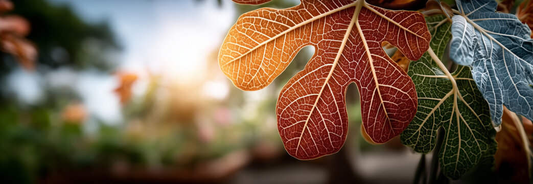 Autumn leaves showing intricate veins in warm garden light