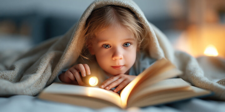 Child reading a book under a blanket with a flashlight