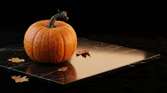 Premium Halloween pumpkin on dark stone with candlelight