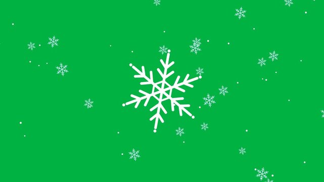 Ornate Snowflake Teal. Large ornate rotating snowflake with falling snowflakes, on green screen chroma key background, seamless loop