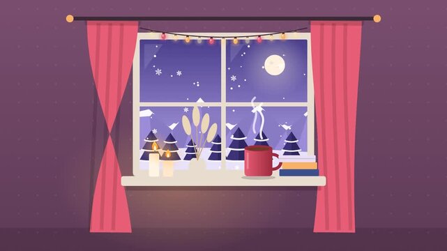 Hygge Window Lavender. Hygge window with candles, hot cocoa, fairy lights and snowfall outside, winter animation, seamless loop