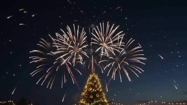 Spectacular Golden Fireworks Bursting Above Illuminated Christmas Tree Against Dark Night Sky Festive Holiday Celebration and New Year Eve Animation Video