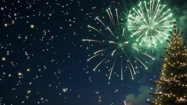Spectacular Green and Golden Fireworks Bursting Across Dark Night Sky Beside Glowing Christmas Tree Festive Holiday and New Year Celebration Video