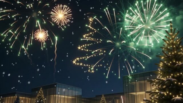 Spectacular Green and Golden Fireworks Illuminating Night Sky Above Modern City Buildings Festive New Year Celebration and Holiday Event Video