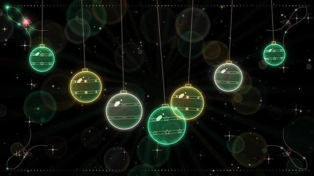 Seamless loop of glowing Christmas ornament baubles hanging on threads and gently swinging, falling snow, green and gold glow on black, Christmas background, 4K