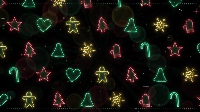 Seamless loop of glowing Christmas cookie cutter shapes with icing dots drifting diagonally, red and green glow on black, Christmas background, 4K