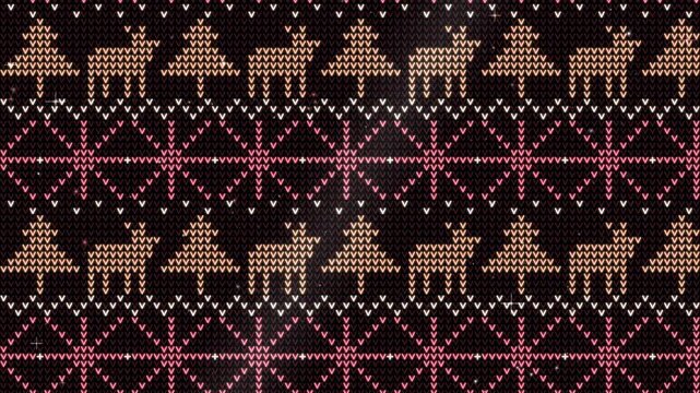 Seamless loop of glowing Nordic knit pattern with stars, reindeer and fir trees scrolling upward, snow falling, sunset pink and peach glow on black, winter background, 4K