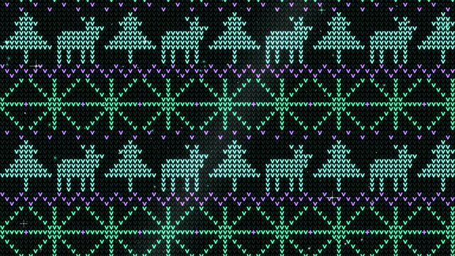Seamless loop of glowing Nordic knit pattern with stars, reindeer and fir trees scrolling upward, snow falling, aurora green and violet glow on black, winter background, 4K