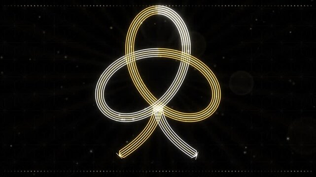 Seamless loop of a glowing mizuhiki awaji knot of red and white cords with a gold strand on an asanoha pattern, warm gold glow on black, Japanese New Year gift background, 4K