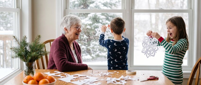 Grandmother making paper snowflakes with grandchildren at home with delight. Family crafts, creative learning concept.