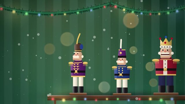 Green row of nutcrackers on wooden shelf holiday tilted view appearing