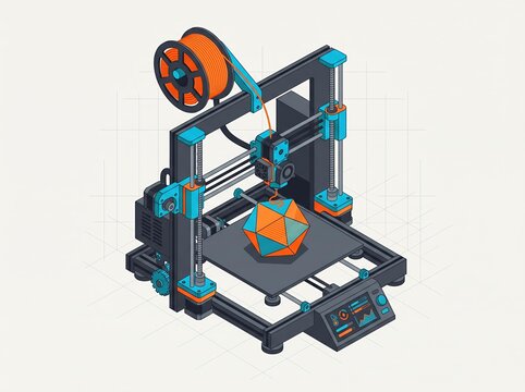 Isometric 3D printer with orange filament spool printing a geometric object, additive manufacturing technology illustration