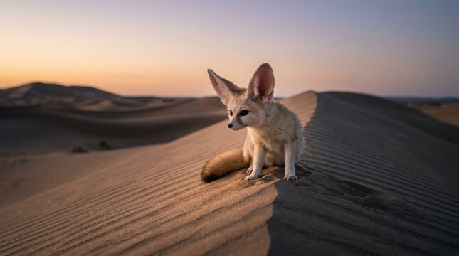 Small Fennec Fox with Large Ears in Sandy Desert
