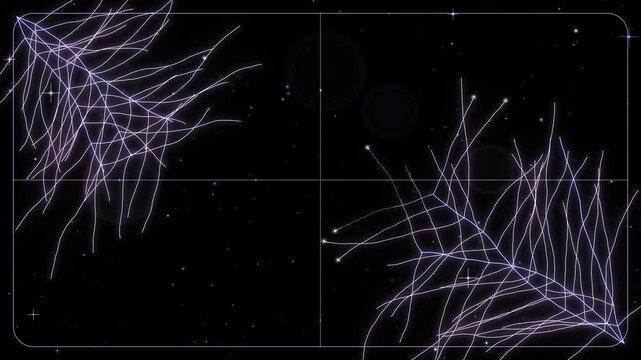 Seamless loop of glowing frost crystals growing and fading on a window pane, ice pattern spreading from the corners, purple and lavender glow on black, winter background, 4K