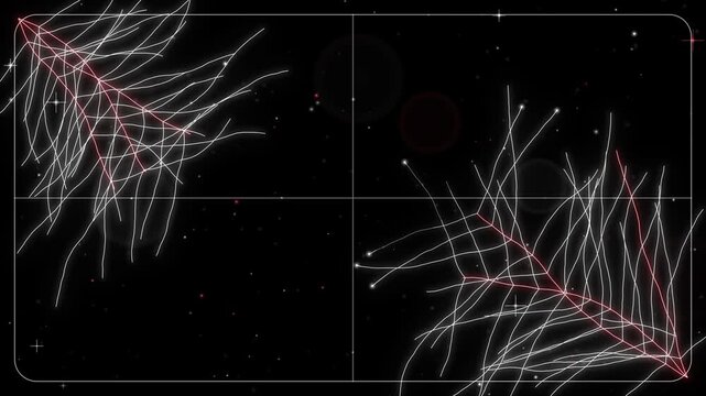 Seamless loop of glowing frost crystals growing and fading on a window pane, ice pattern spreading from the corners, red and white glow on black, winter background, 4K