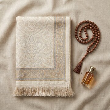 Prayer mat tasbih beads and attar bottle flat lay