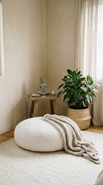 Zen Meditation Corner with Buddha Statue and White Pouf