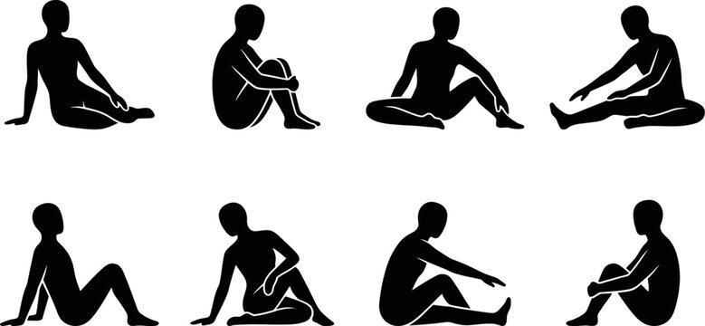 Yoga silhouette icon set with seated stretching and meditation poses, Yoga vector collection with diverse exercise positions and wellness activities, Fitness silhouettes for mindfulness flexibility 