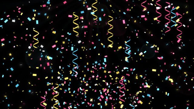 Seamless loop of glowing confetti, streamers and stars falling with a confetti burst from below, colorful multicolor glow on black, New Year party background, 4K