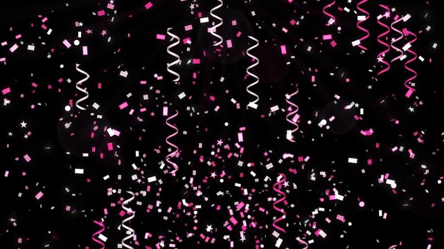 Seamless loop of glowing confetti, streamers and stars falling with a confetti burst from below, neon pink glow on black, New Year party background, 4K
