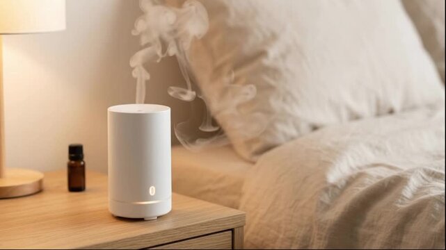 Minimalist white ultrasonic aroma diffuser with soft rising mist on bedside wooden table, cozy bedroom wellness loop