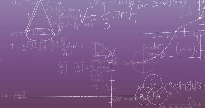 Displaying math diagrams on purple gradient field, showing Cartesian axes, integrals, Venn diagram