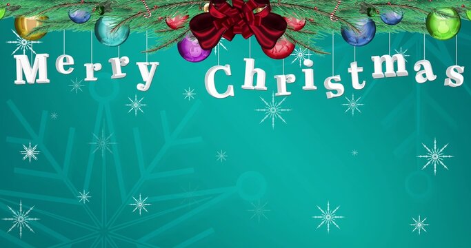 Featuring pine garland hanging on holiday banner, showing red bow and Merry Christmas letters
