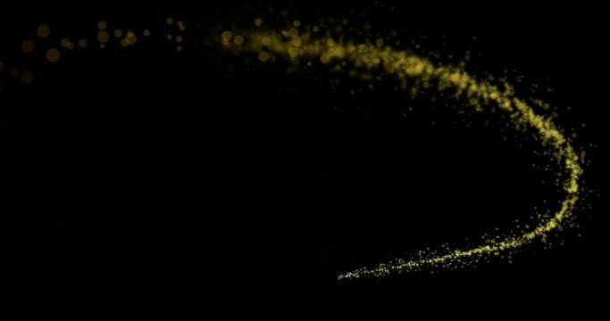 Arcing golden particle trail curving across black backdrop, glowing bokeh orbs and glitter specks