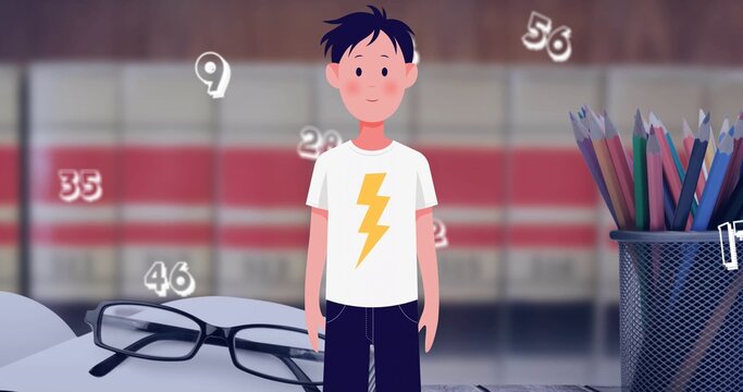 Standing teen in white tee with bolt studying at desk with glasses, pencils, floating numbers