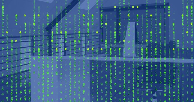 Displaying transparent green binary code streaming across mezzanine atrium, with metal railings
