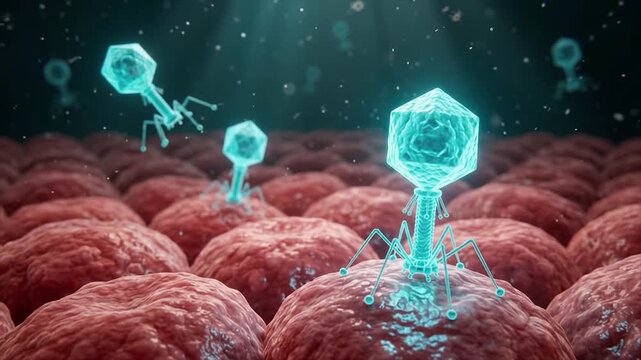 Bacteriophage virus attacking bacterial cell surface. Phage therapy and nanotechnology in microbiology. Microscopic 3D view of viral infection process.