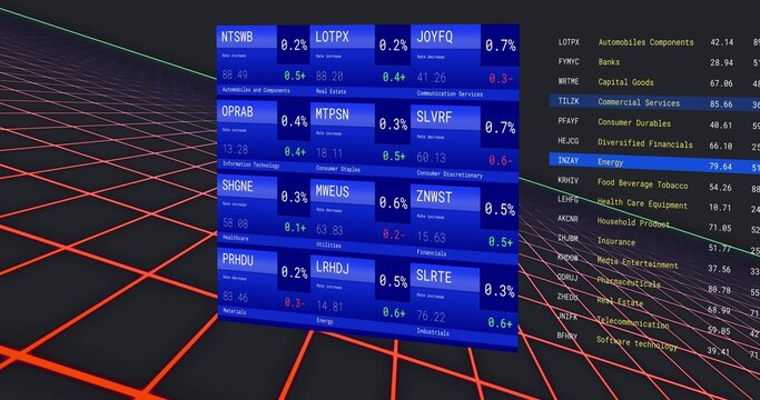 Displaying blue panel showing tickers, values, percent in dark 3D with vertical list and neon grid