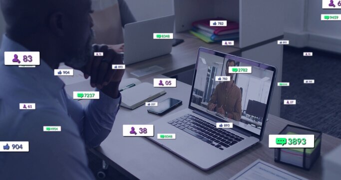 Displaying centered laptop showing remote colleague in brown jacket at office with notebook metrics