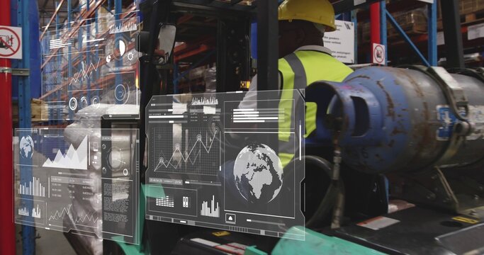 Driving green forklift, driver wearing yellow vest navigating warehouse aisle with blue LPG and HUD