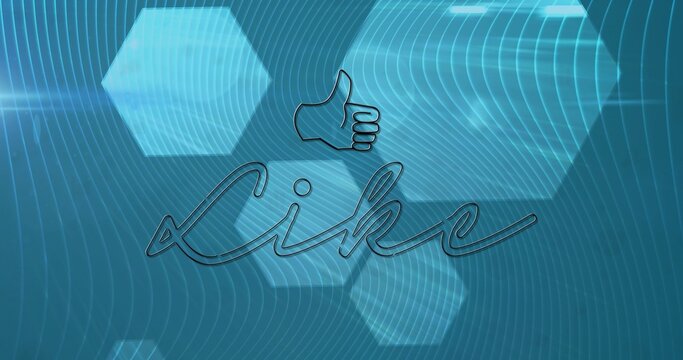 Displaying centered thumbs-up icon above script Like in graphic design, with translucent hexagons