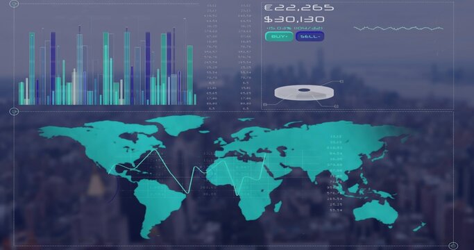 Displaying teal world map overlay over blurred skyline, showing bar chart, sparkline, BUY SELL