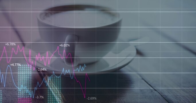 Resting white ceramic coffee cup, saucer on dark wood table showing colored line charts, % labels
