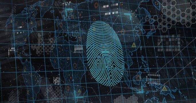 Displaying turquoise fingerprint centered on biometric dashboard, showing world map and blue grid