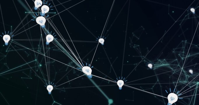 Forming cluster of connected lightbulb icons glowing on dark navy background, showing glowing lines
