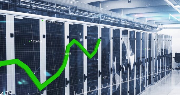 Displaying white server cabinets with LED lights in data center aisle, chair at right, green trend