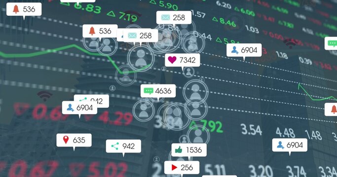 Floating notification bubbles and user-node icons over market screen, showing red and green tickers