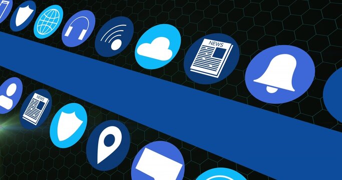 Displaying centered diagonal row of circular app icons on dark hexagonal grid, with two blue bars