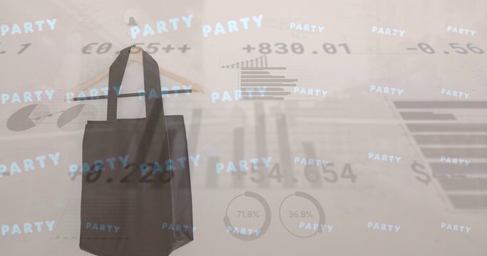 Hanging black fabric tote bag from wooden hanger on pale beige wall with translucent PARTY charts
