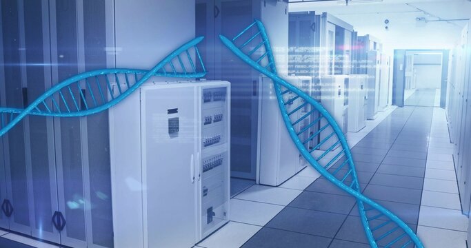 Displaying server racks and white network cabinet in data center aisle, with blue DNA helix overlay