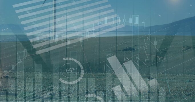 Displaying transparent bar charts and candlesticks hovering over grassy plain, showing 69% gauge