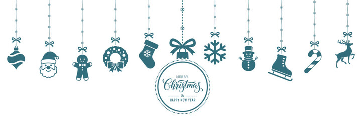Teal Christmas hanging ornaments banner on white background featuring Santa, gingerbread man, wreath, stocking, and reindeer with Merry Christmas greetings text. © bibin
