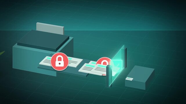 Printer output held by security gate data leak close-up seamless loop