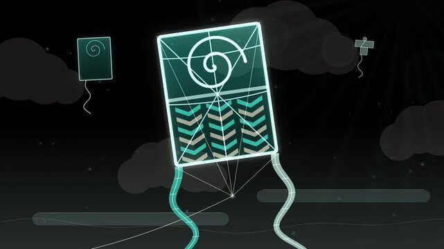 Seamless loop of a glowing Japanese kite with bamboo frame, bridle strings and two long tails flying in the sky, celadon teal glow on black, Japanese New Year background, 4K